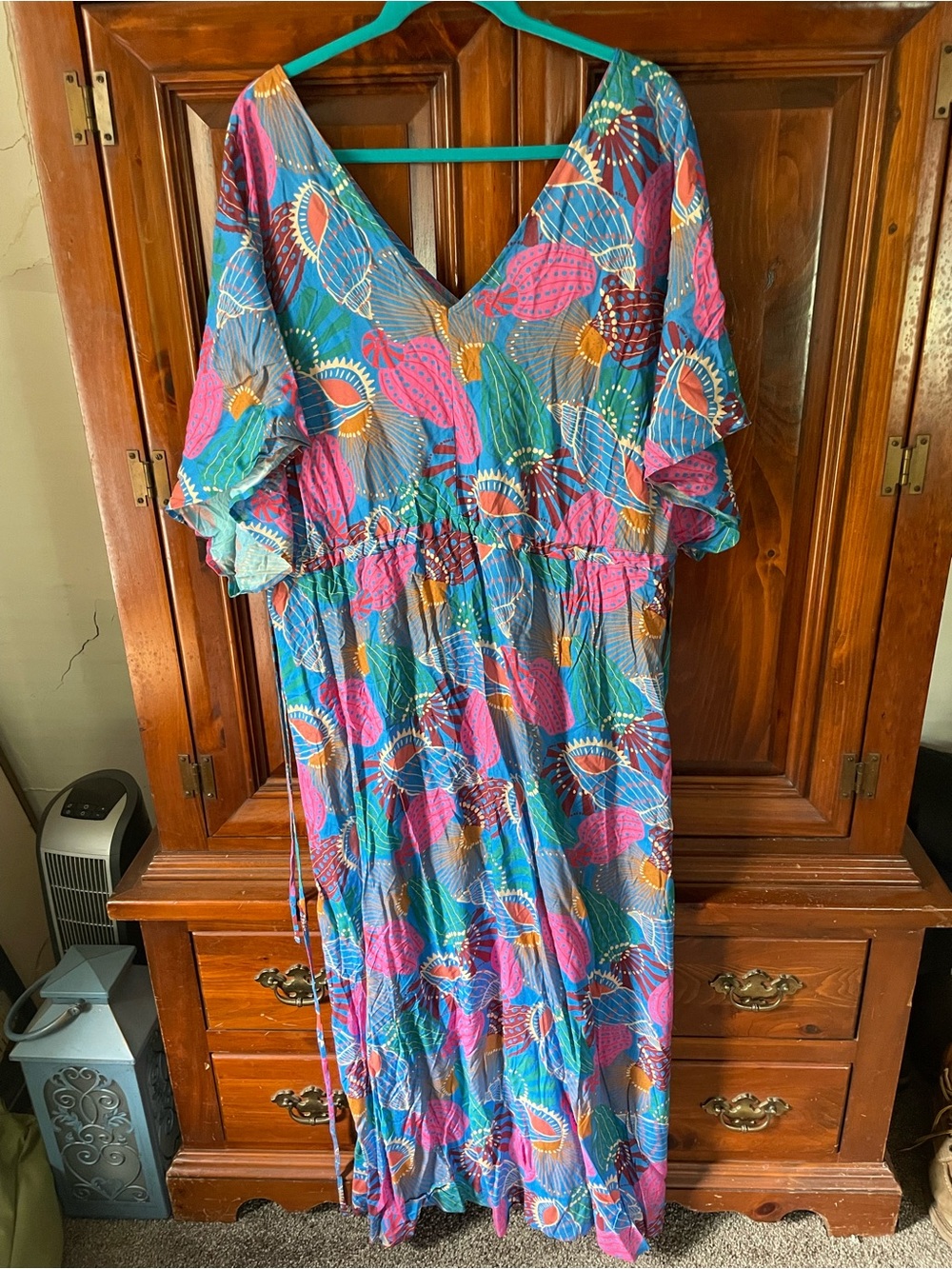 Anthropologie Teal & Pink Floral-Print V-Neck Maxi Dress - Picture 2 of 3